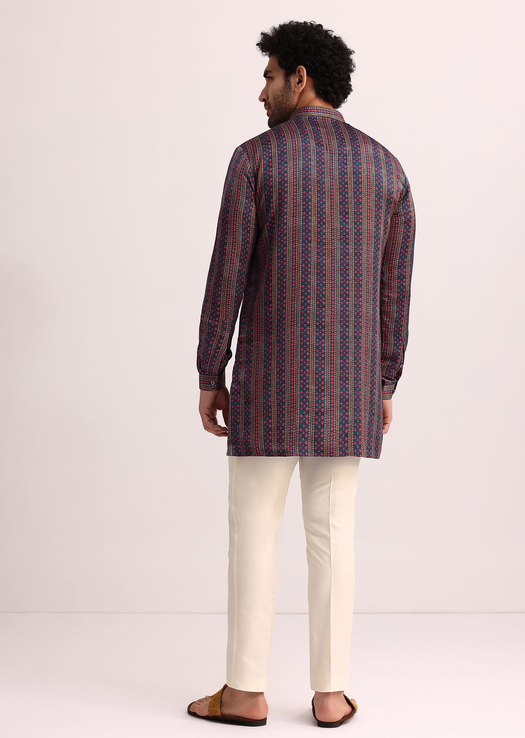 blue printed stripe kurta set in silk-sg252879 7