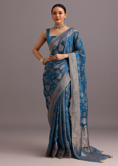 blue satin silk zari woven saree with brocade border-sg264703 3