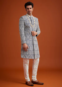 blue silk sherwani set with beads work on collar-sg299809 7