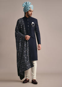blue silk sherwani with pashmina dupatta-sg219250 1