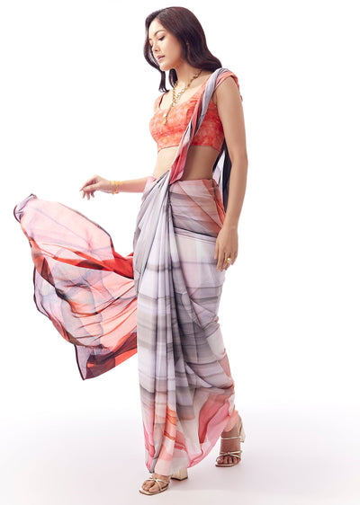 Blush Grey And Red Georgette Saree With All Over Abstract Print