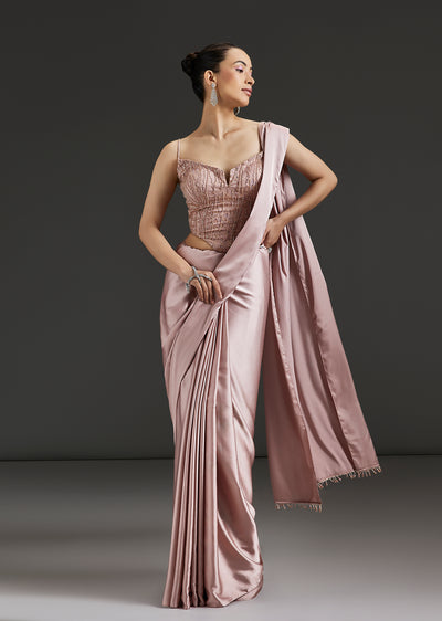 Blush Pink Satin Unstitched Saree With Sequined Blouse Piece