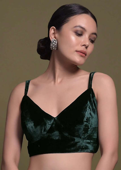 bottle-green-crop-top-in-velvet-with-double-straps-and-v-neckline-online-kalki-fashion-sg43179 3