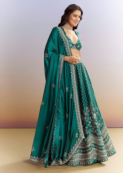 bottle-green-satin-bridesmaid-lehenga-with-heavy-embroidery-sg197477-1