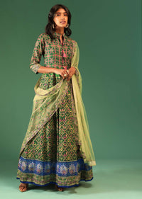 bottle green anarkali suit in raw silk with patola print and kundan detailing along with a yellow net dupatta online - kalki fashion 5 3