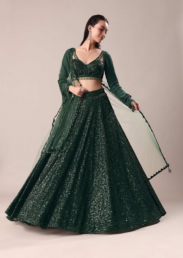 Bottle Green Embroidered Lehenga And Blouse With Dupatta