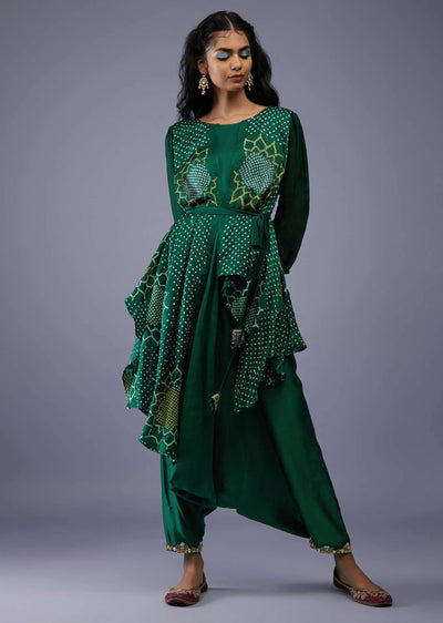 Bottle Green Gajji Silk Attached Shrug With Silk Jumpsuit