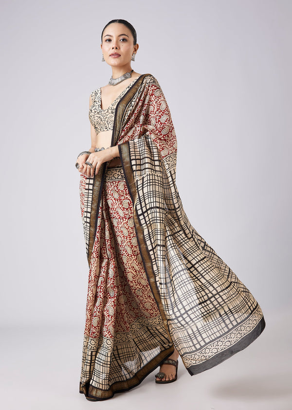 Brown Block Print Tassel Saree with Unstitched Blouse