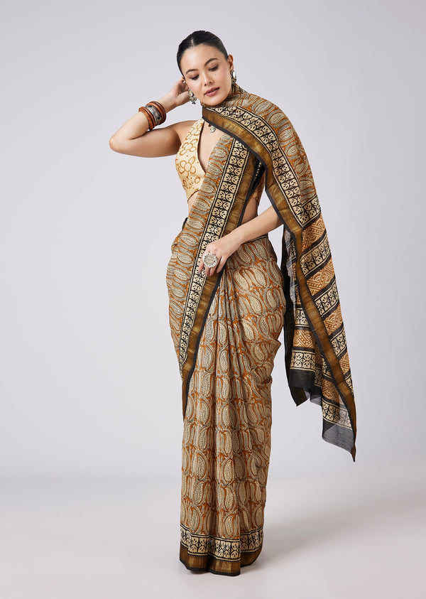 Brown Block Printed Motif Saree with Unstitched Blouse