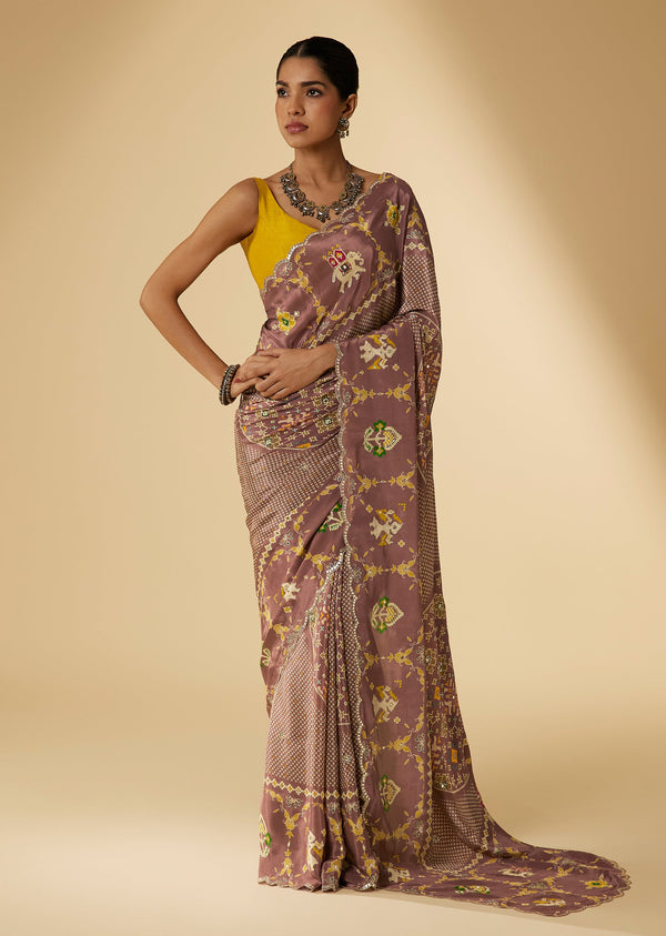 Brown Crepe Patola Digital Printed Saree With Abla Embellished Border Pallu