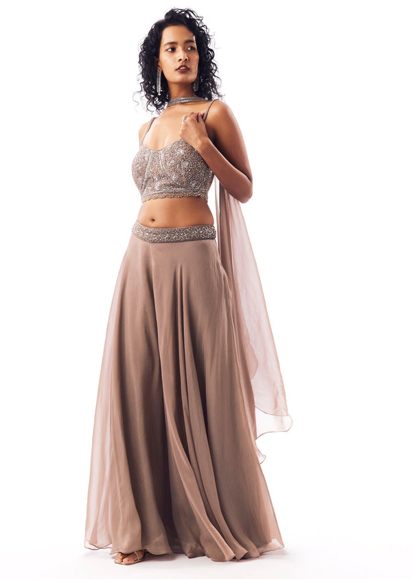 Brown Embellished Crop Top Set With Palazzos And Dupatta