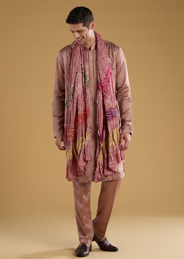Brown Embroidered Men's Kurta Set with Dupatta in Silk