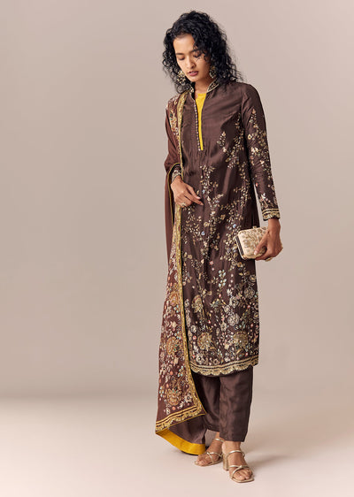 Brown Floral Printed Kurta Pant Set With Dupatta