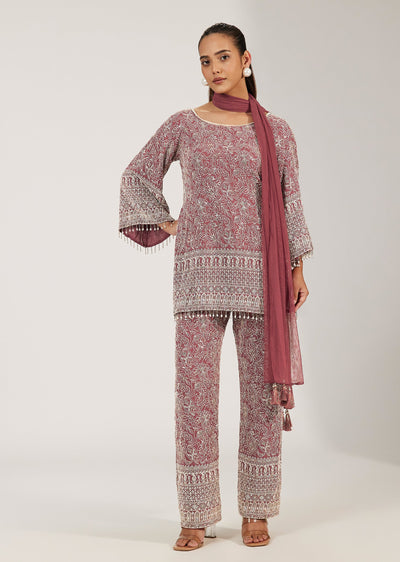 Brown Georgette Kurta Set With Jaali and Sequin Work And Dupatta