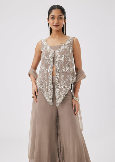 Brown Georgette Palazzo Set With Sequin And Moti Embroidered Short Kurta