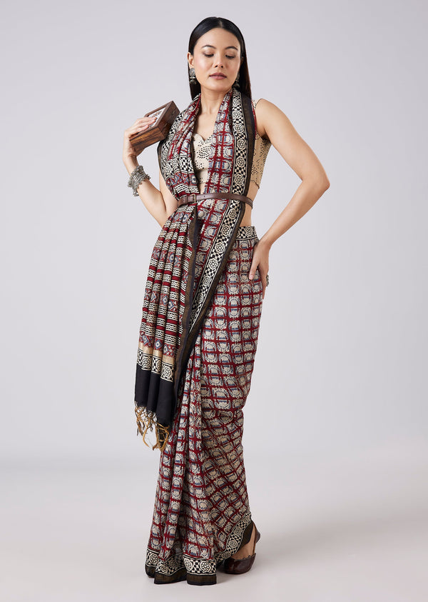 Brown Hand Painted Motif Saree with Blouse