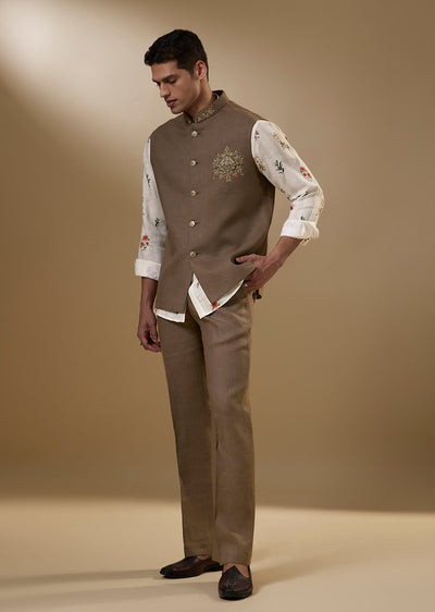 Brown Linen French Knot Kurta Jacket Set With Brooch Detail
