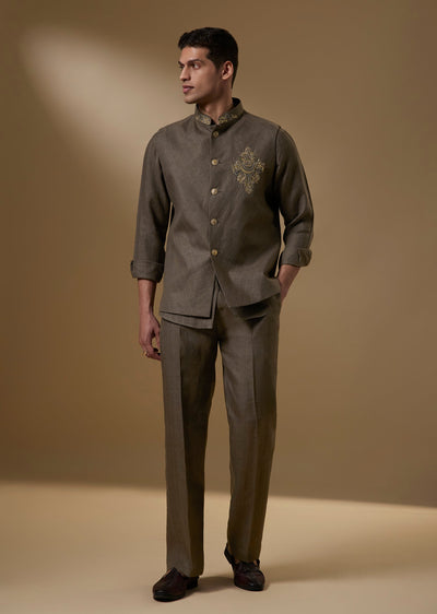 Brown Linen Jacket Kurta Set With Zardosi Floral Embroidery