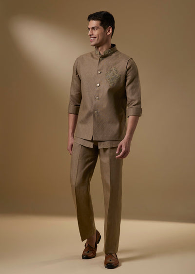 Brown Linen Kurta Jacket Set With Zardozi Work
