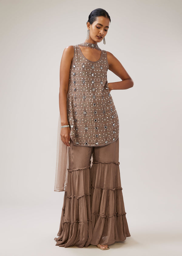 Brown Mirror Work Chinon Sharara Set With Dupatta