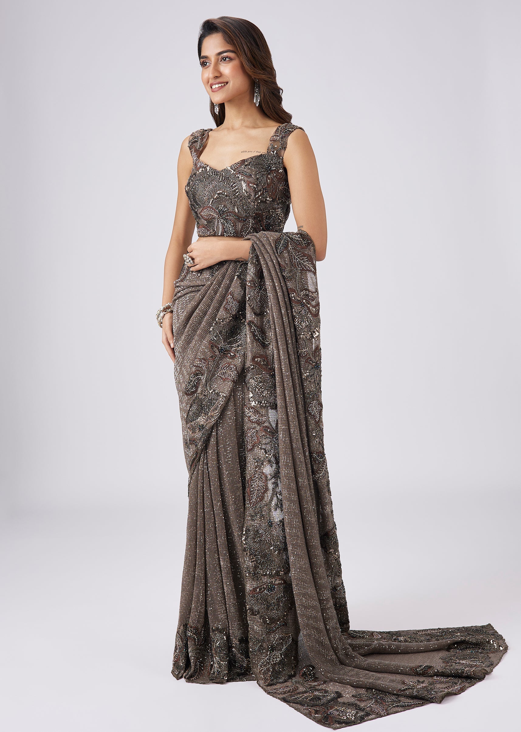 Brown Net Sequin Saree With Floral Embellished Border