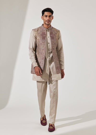 Brown Pashmina Silk Indo Western Set With Weave Detailing