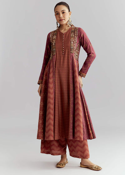 Brown Silk Anarkali Suit With Indie Print And Embroidery