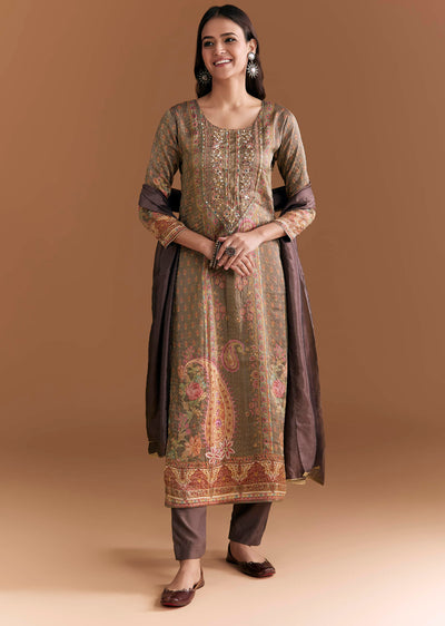 Brown Silk Kurta Set With Floral And Paisley Print