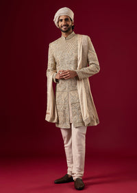 Brown Silk Tissue Sherwani Set With Zardosi Work