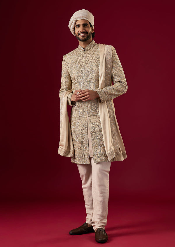Brown Silk Tissue Sherwani Set With Zardosi Work