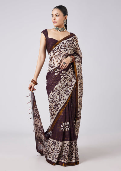 Brown Tassel Block Printed Saree with Unstitched Blouse