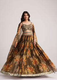 Brown Organza Floral Print Set With Zardosi And Sequins Work