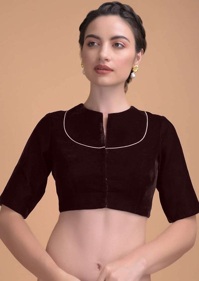 burgandy blouse in velvet with a zari lace defining the neckline online - kalki fashion 3