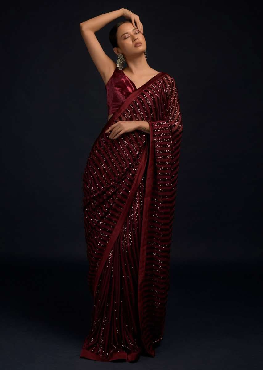 Burgundy Red Ready Pleated Saree In Net With Sequin Embellished Stripes And Matching Velvet Crop Top