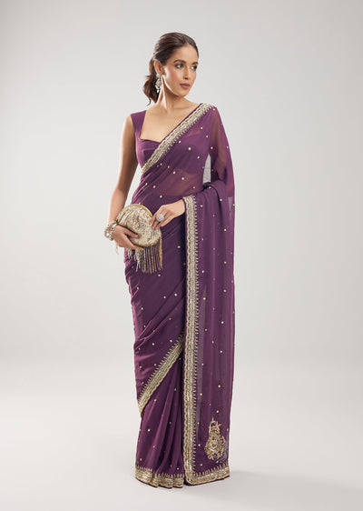 Burgundy Viscose Georgette Saree With Cut Dana And Sequin Embellished Border