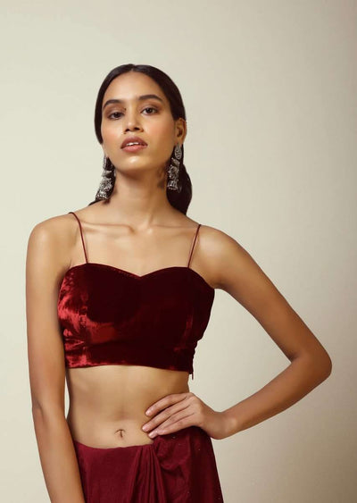 burgundy blouse fabricated in velvet with spaghetti straps and sweetheart neckline online - kalki fashion 2