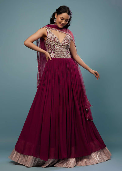 Wine Red Embroidered Anarkali Suit In Viscose Georgette