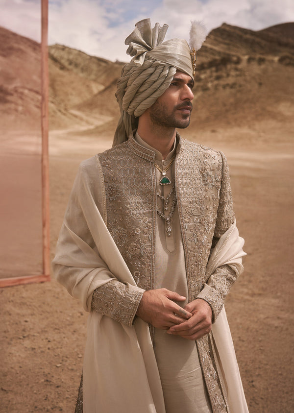 Champagne Gold Open Sherwani Jacket With Cut Dana And Bead Embroidery