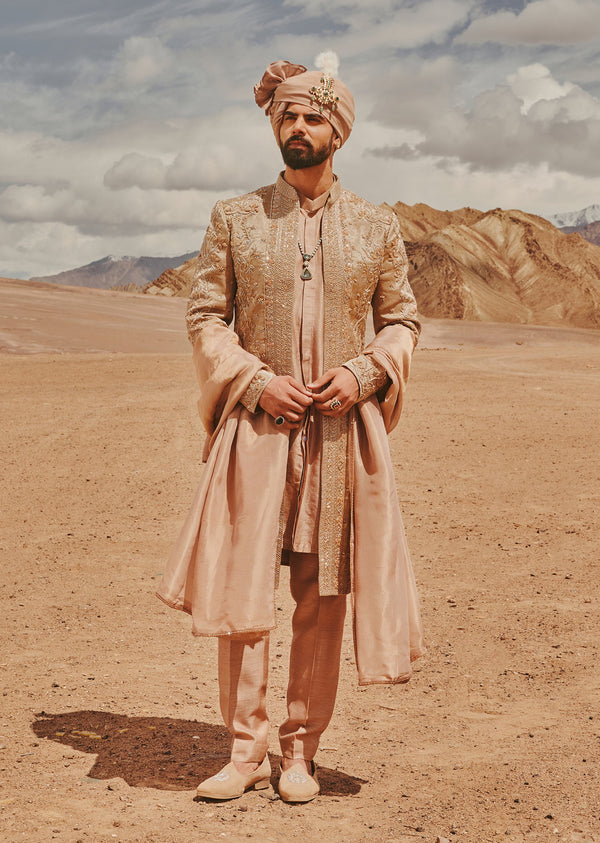 Champagne Gold Tonal Hand Embroidered Sherwani Set