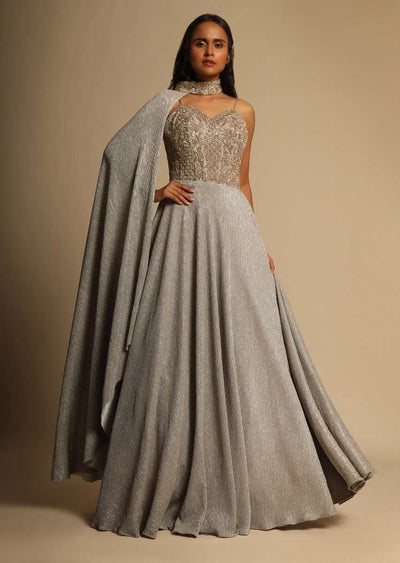 champagne gown with embellished sweetheart cut bodice and spaghetti straps online - kalki fashion - sg39431 2 1