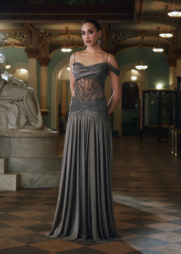 Charcoal Grey Hand Embellished Bridal Draped Gown