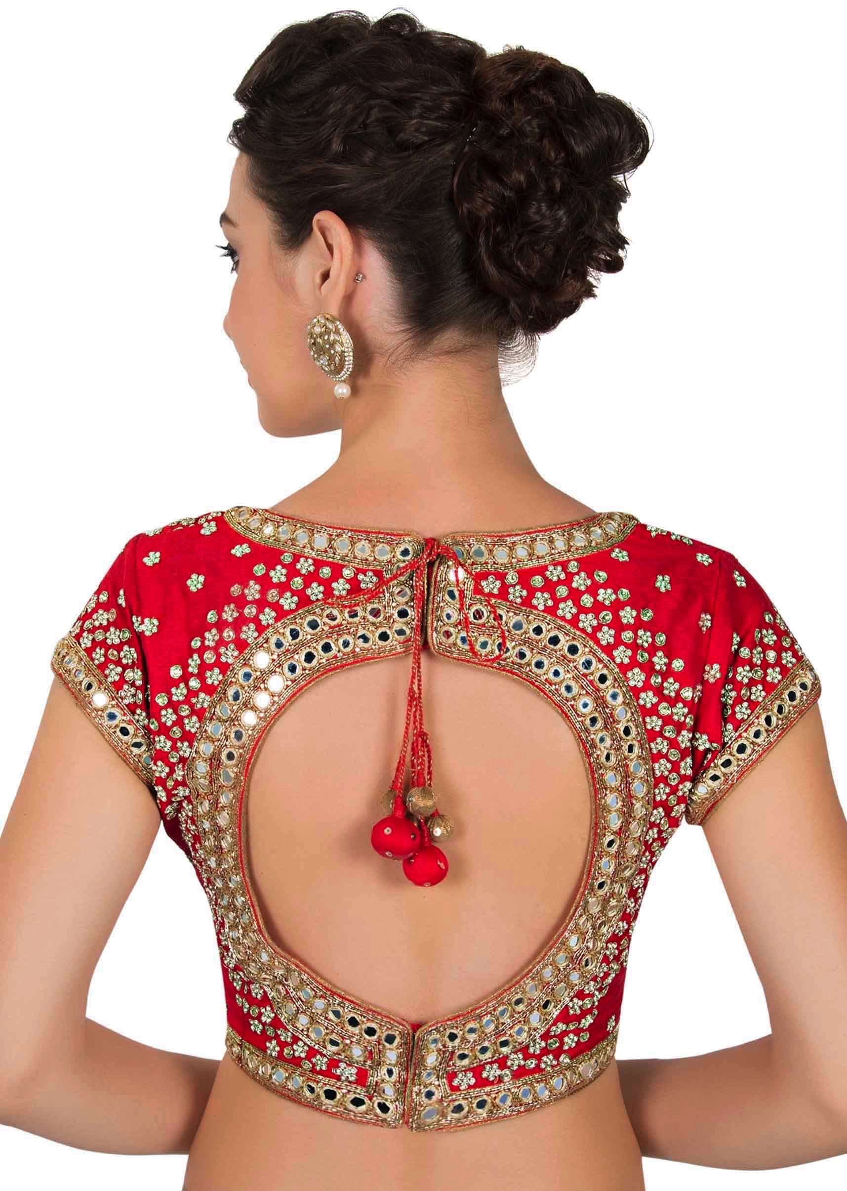 Cherry red blouse in kundan and mirror work only on Kalki - KALKI Fashion India