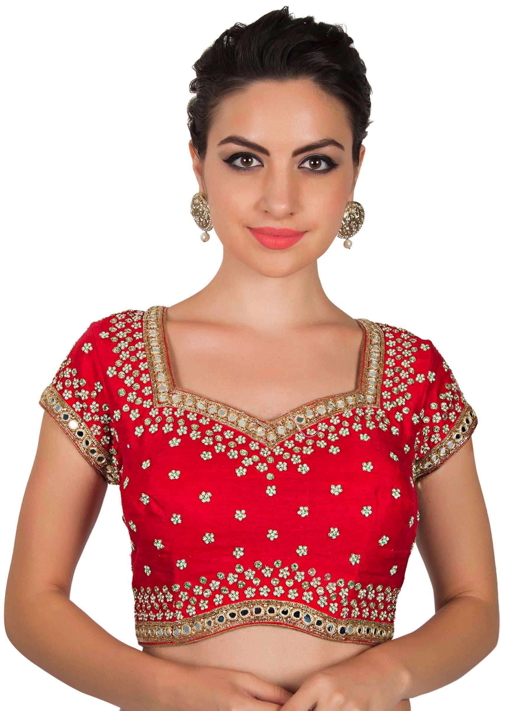 Cherry red blouse in kundan and mirror work only on Kalki - KALKI Fashion India