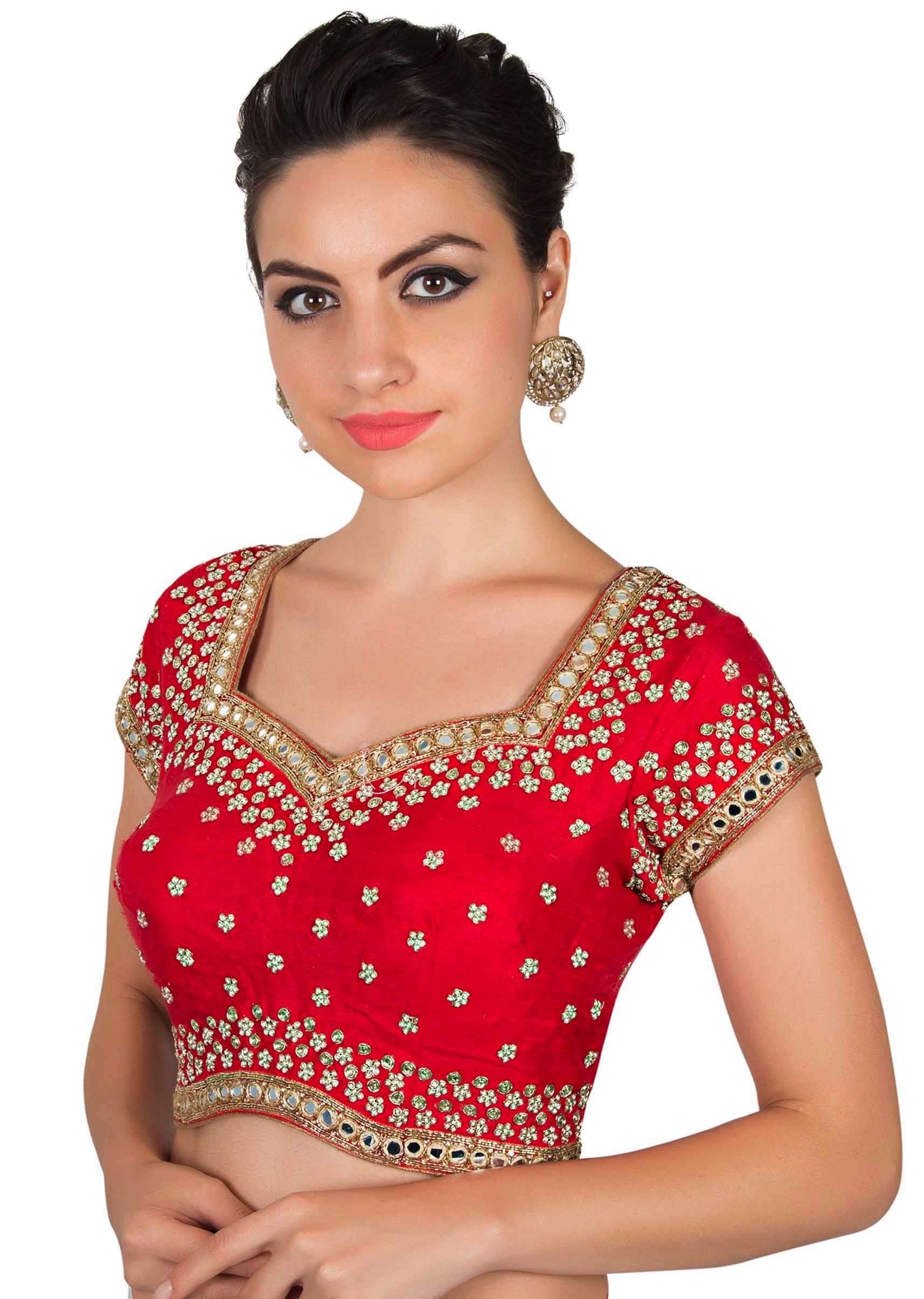 Cherry red blouse in kundan and mirror work only on Kalki - KALKI Fashion India