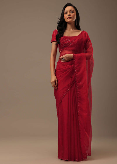 cherry red organza saree-sg157698 8