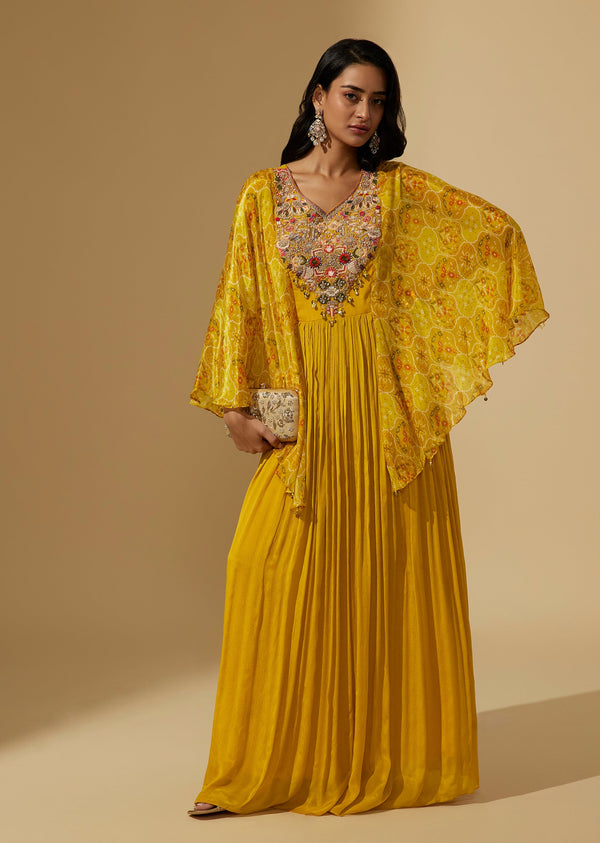 Chinon Yellow Yoke Embroidered Gown With Printed Flared Sleeves