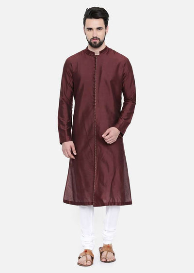chocolate-brown-kurta-and-churidar-set-in-cotton-silk-with-subtle-green-hand-embroidery-on-the-placket-online-kalki-fashion-sg40109 3