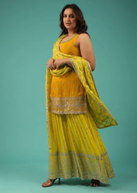 Chrome Yellow Sharara Suit In Chinon With Embroidery