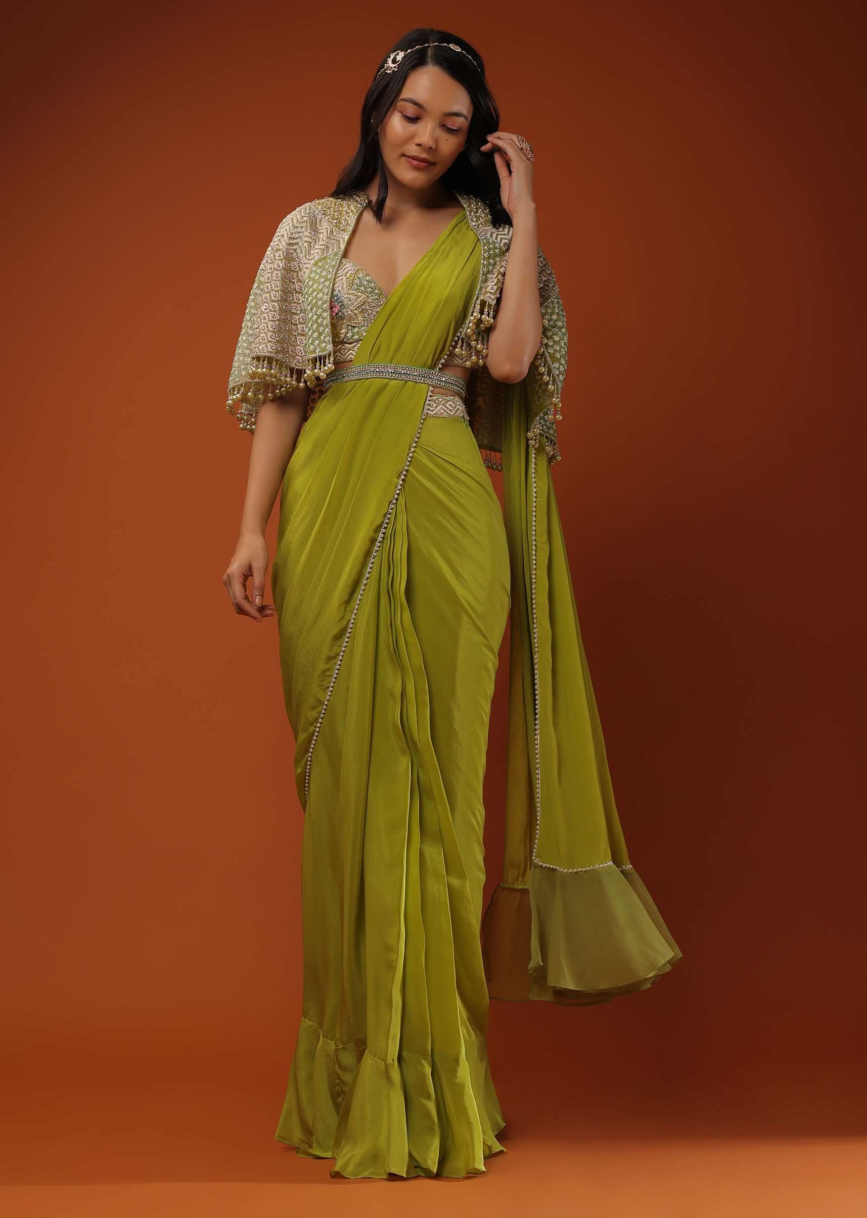 Citrus Green Pre Stitched Crepe Saree with Net Cape and V-Neck Crop Top