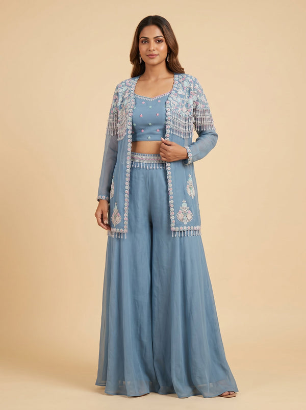 Coastal Blue Palazzo Crop Top Set